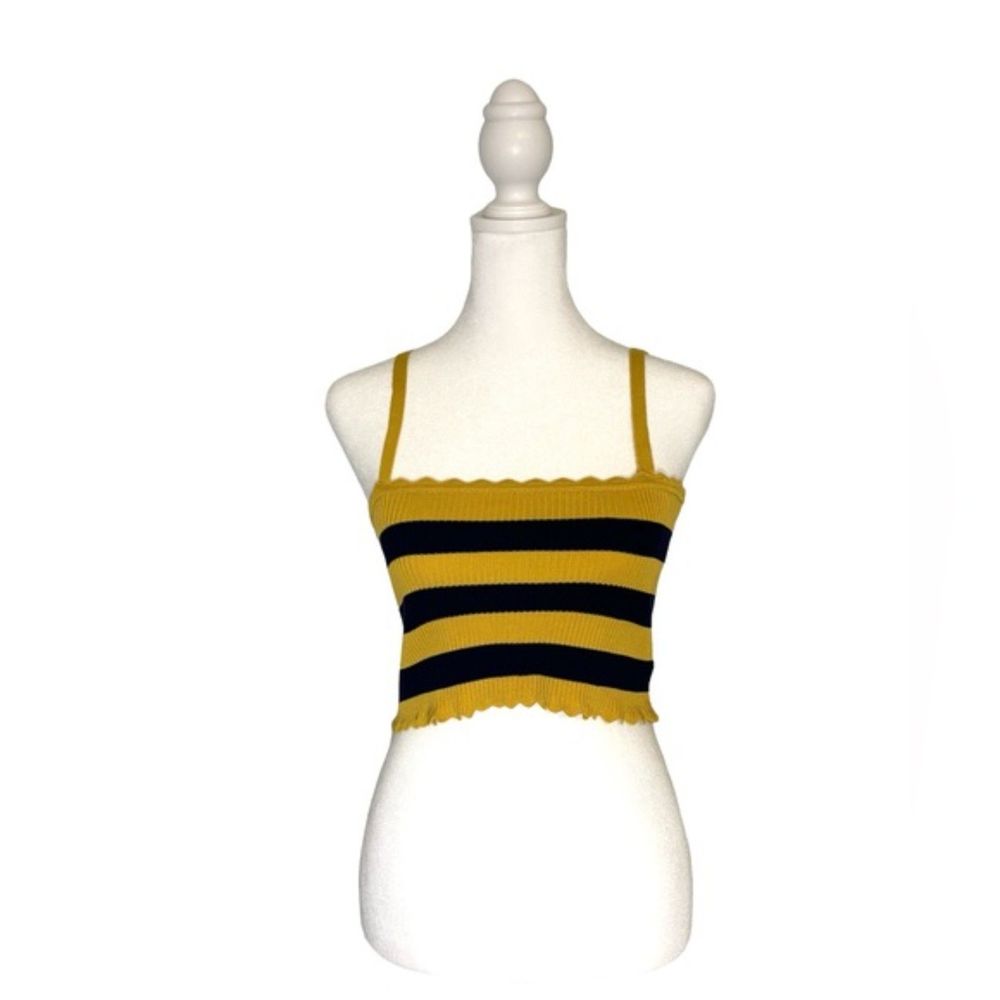 Papermoon Yellow & Navy Blue Scalloped Fitted Striped Crop Top Size Small